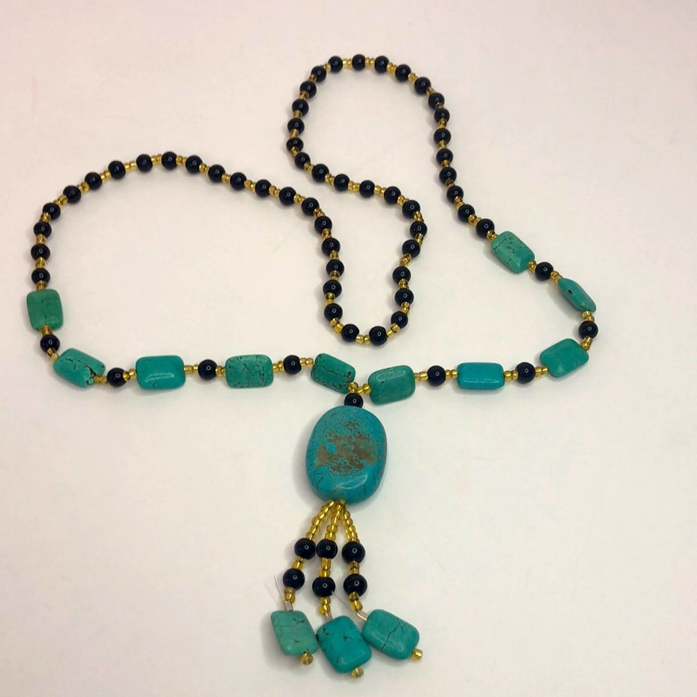 Blue Turquoise And Onyx Gemstone Bead Necklace 28” Long